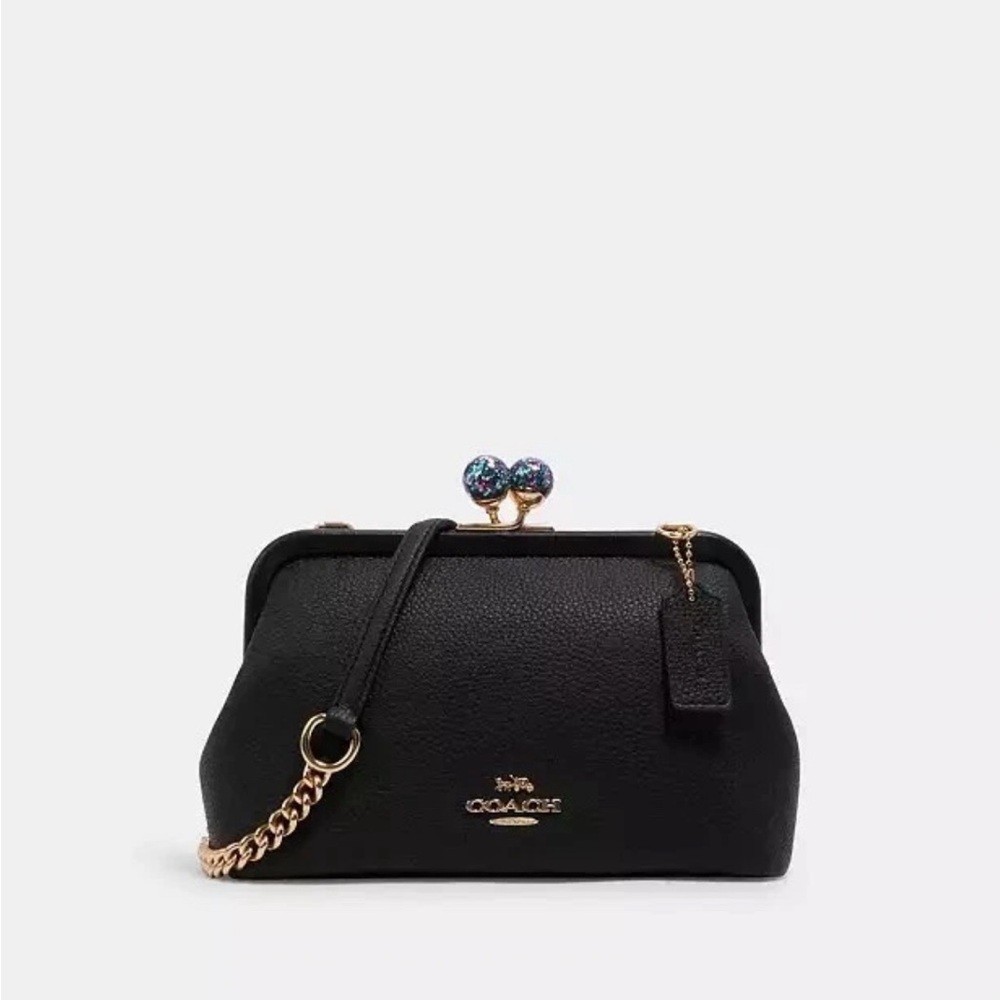 Coach Soft Tabby Kisslock w Galaxy Stone Clasp-Black/Gold/Brown Suede Interior